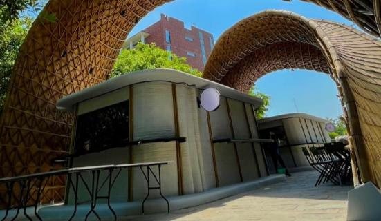 3D-printed canteen buildings at Ashoka University.